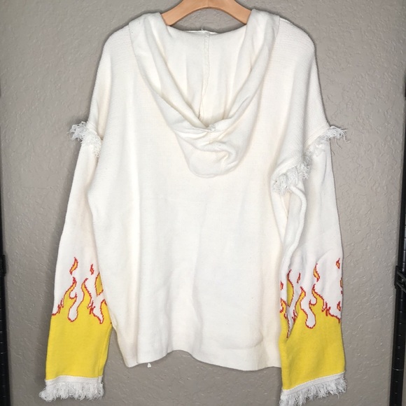Oversized soft cotton blend fringe flame details on arms hooded sweater - Picture 5 of 9
